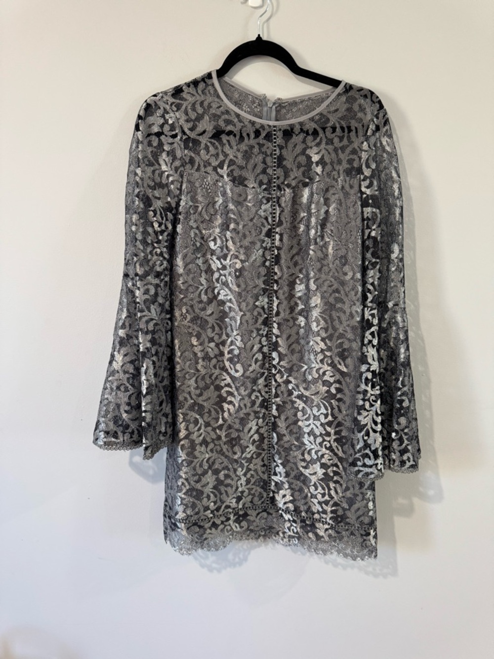 White House Black Market Silver Lace Long-Bell Sleeve Dress Size 6